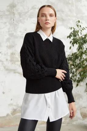 MDS Women Larisa Balloon Sleeve Knit Crop Sweater - Black - Olhão