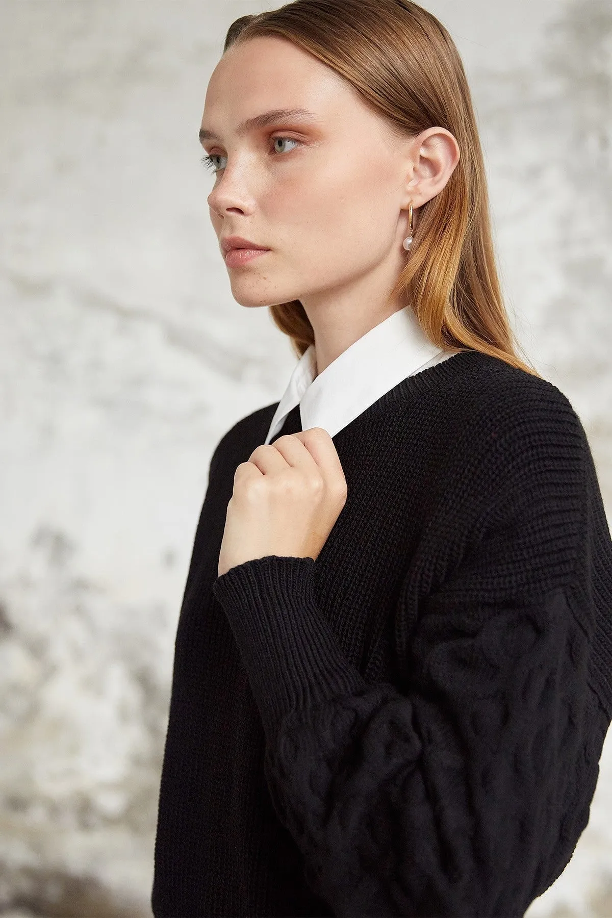 MDS Women Larisa Balloon Sleeve Knit Crop Sweater - Black - Olhão