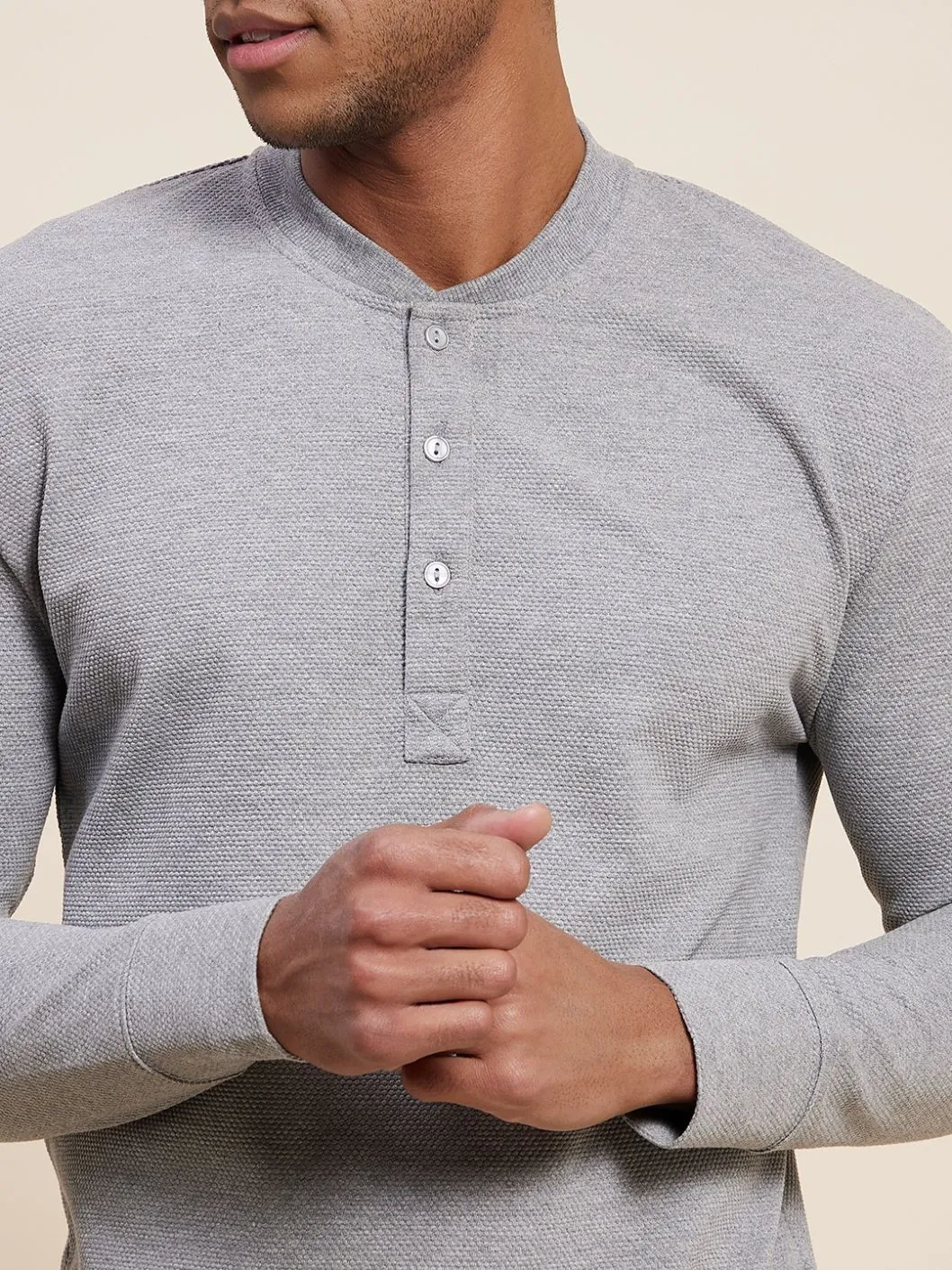 Men Grey Melange Henley T-Shirt