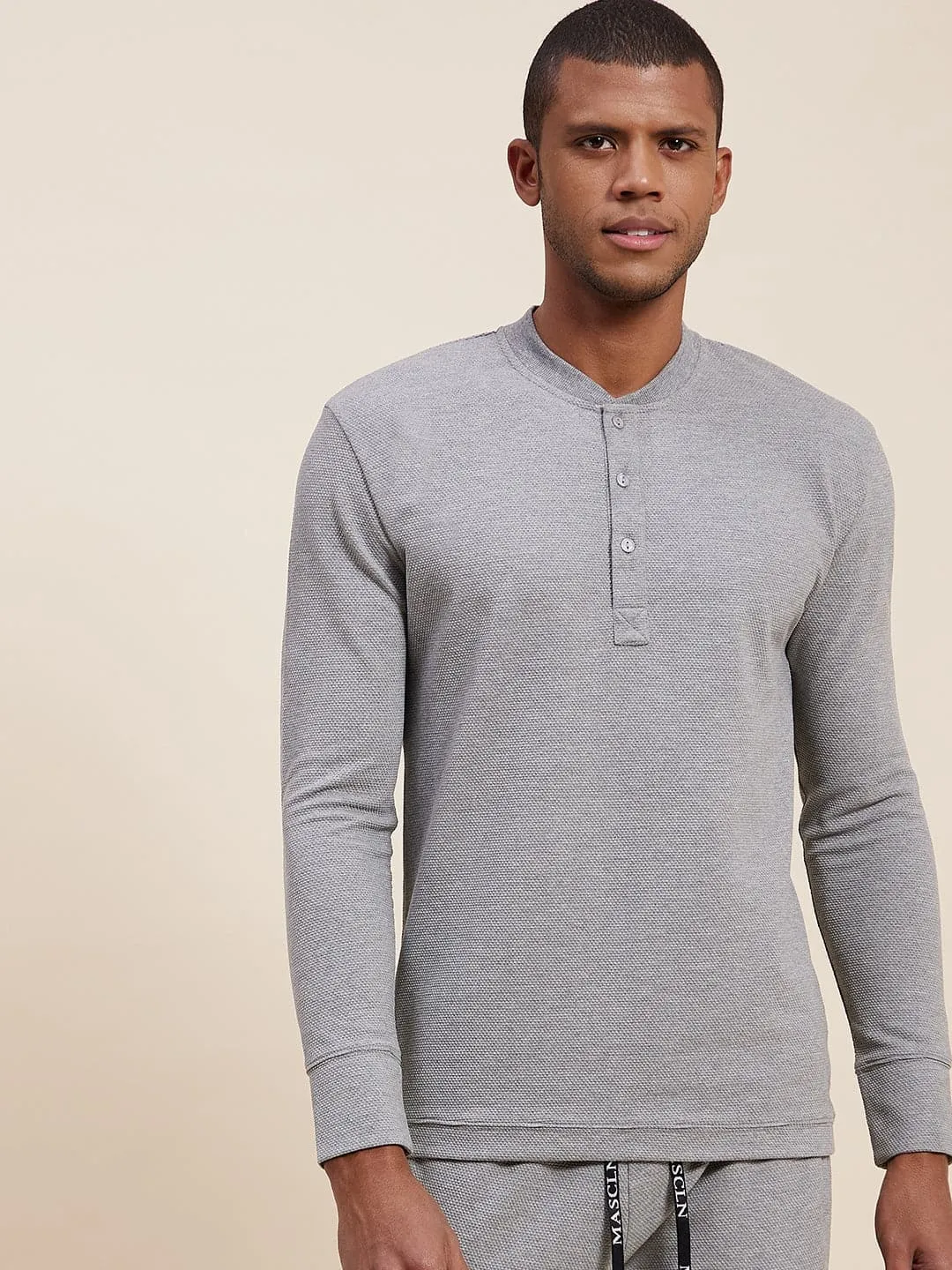 Men Grey Melange Henley T-Shirt
