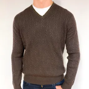 Men's Mole Brown Cable Cashmere V-Neck Jumper Extra Large