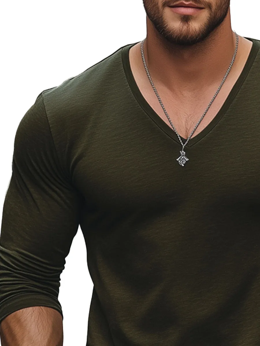 Men's V-neck Army Green Cotton Long Sleeve T-shirt