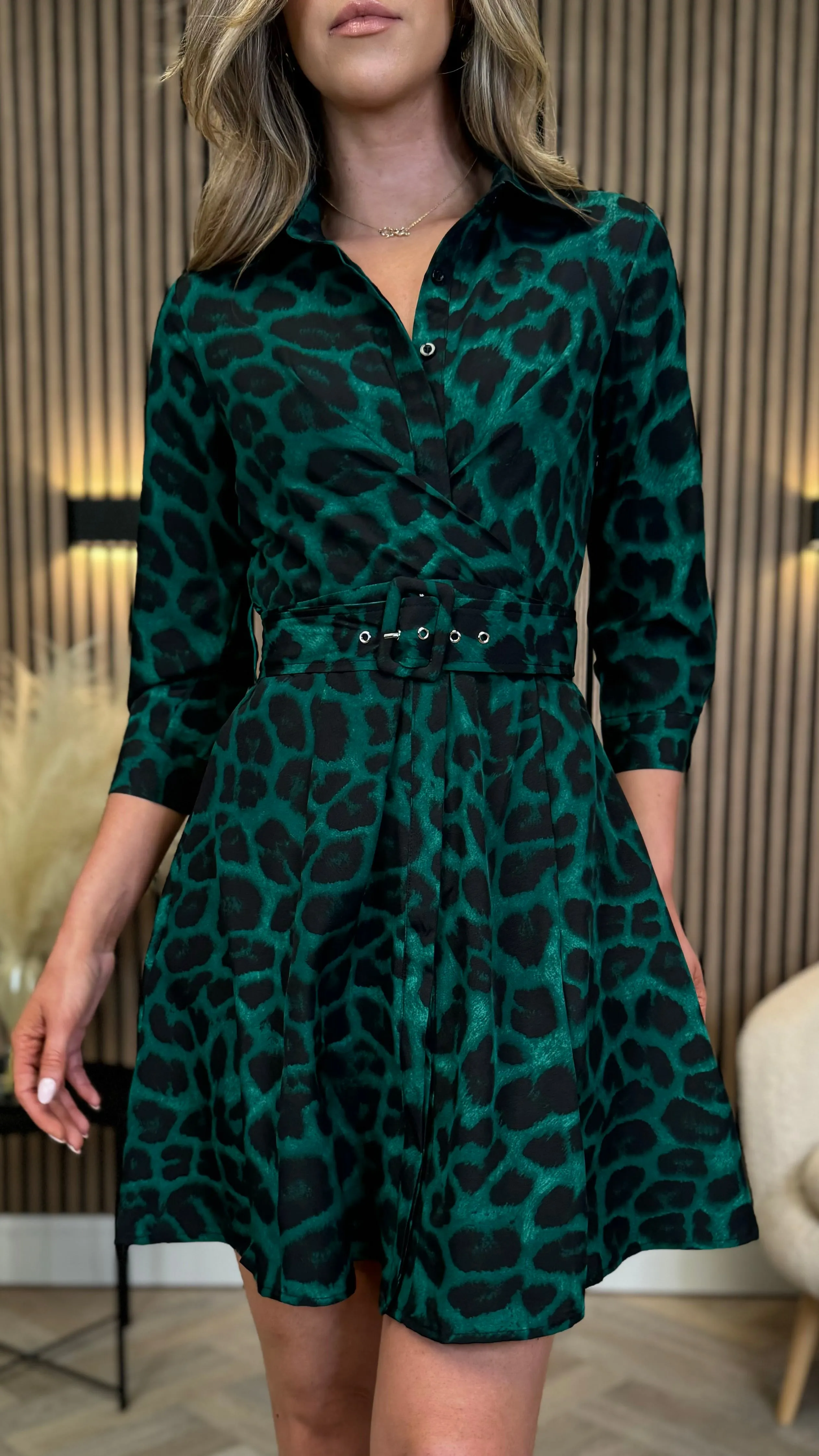 Mitchell Green Leopard Print Wrap Detail Mini Shirt Dress
