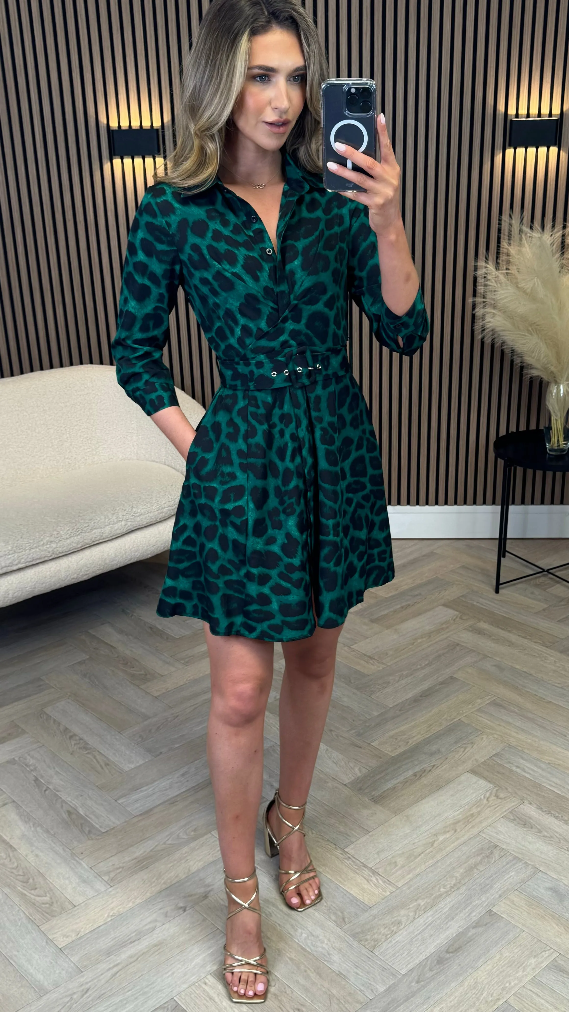 Mitchell Green Leopard Print Wrap Detail Mini Shirt Dress