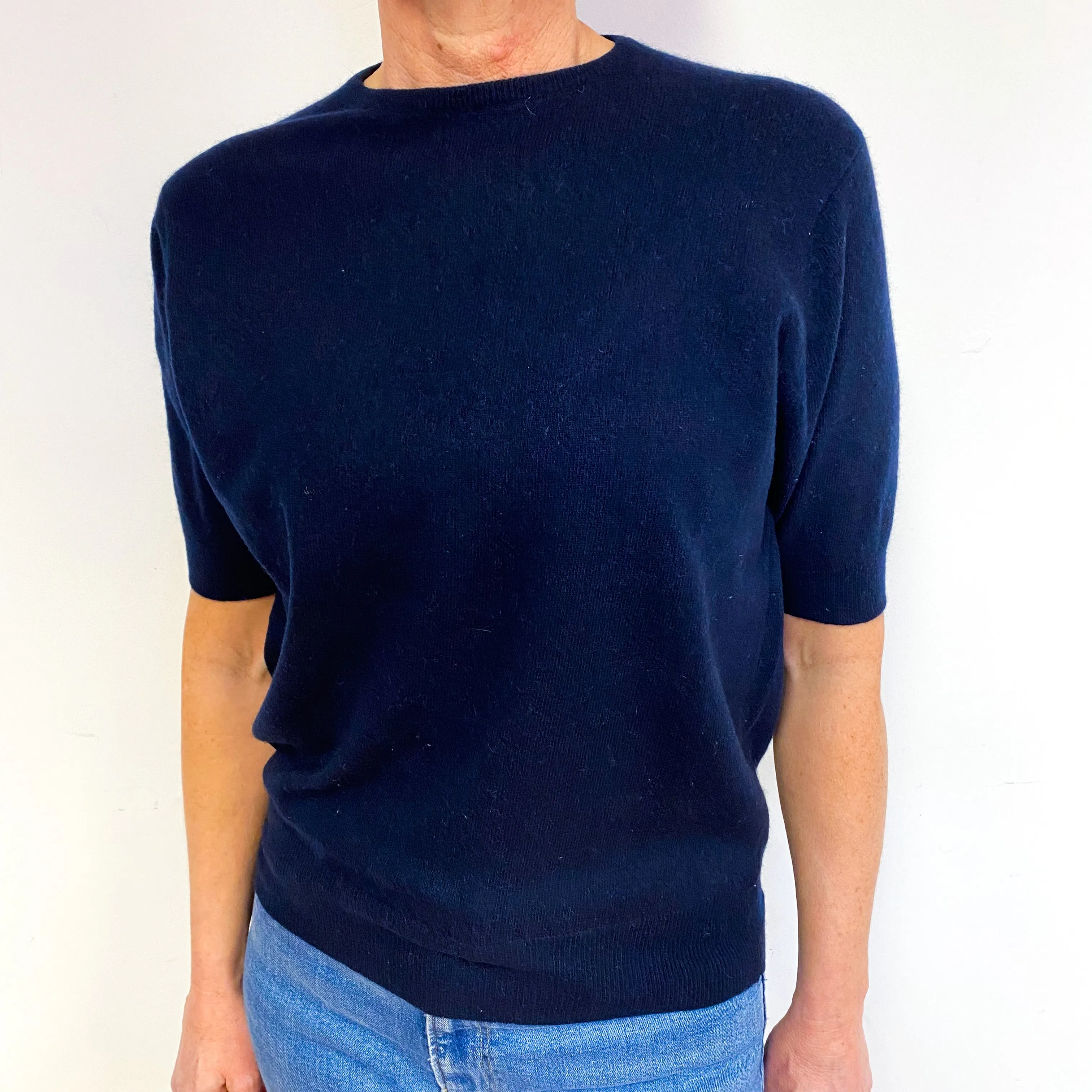 N. Peal Navy Cashmere Short Sleeve Jumper Medium