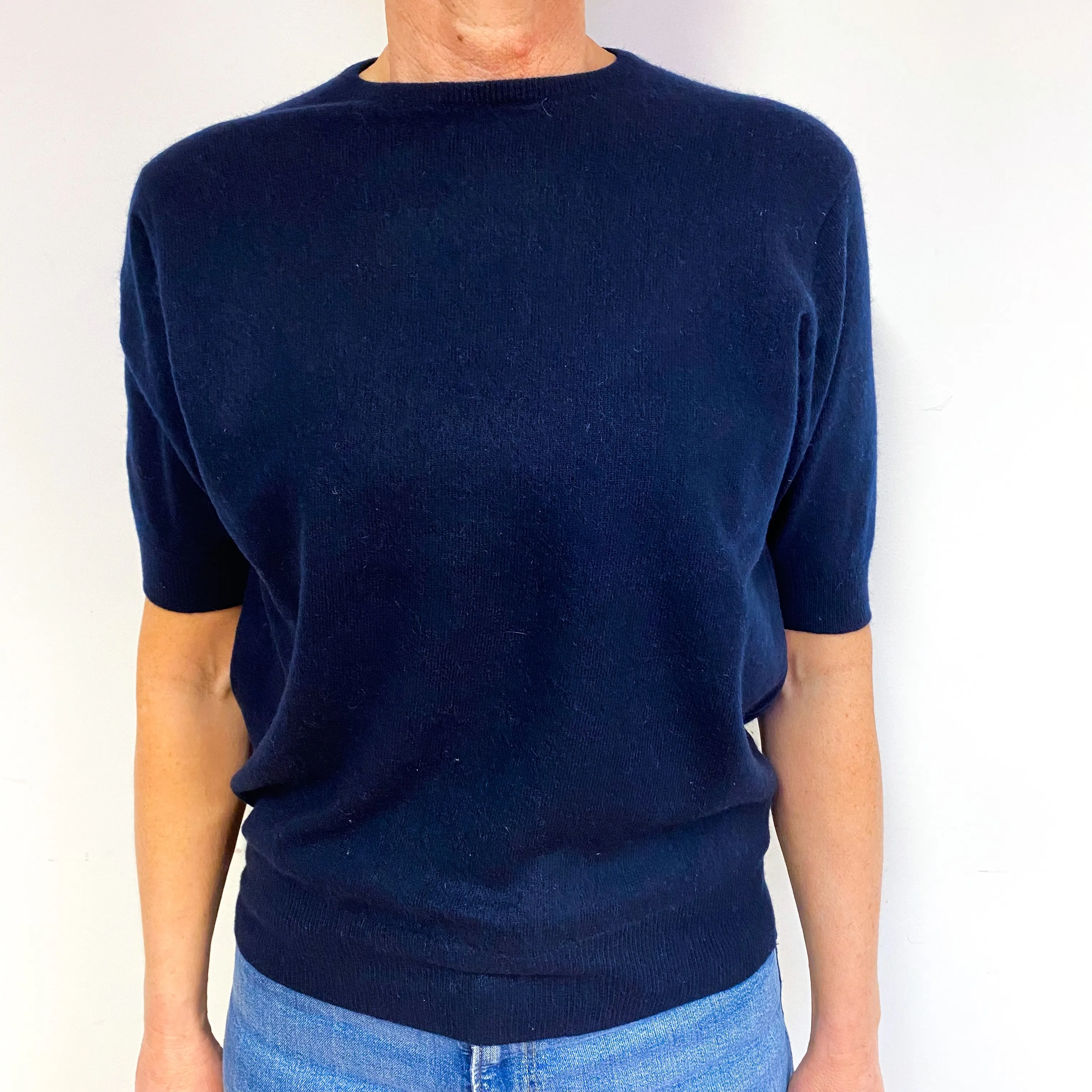 N. Peal Navy Cashmere Short Sleeve Jumper Medium