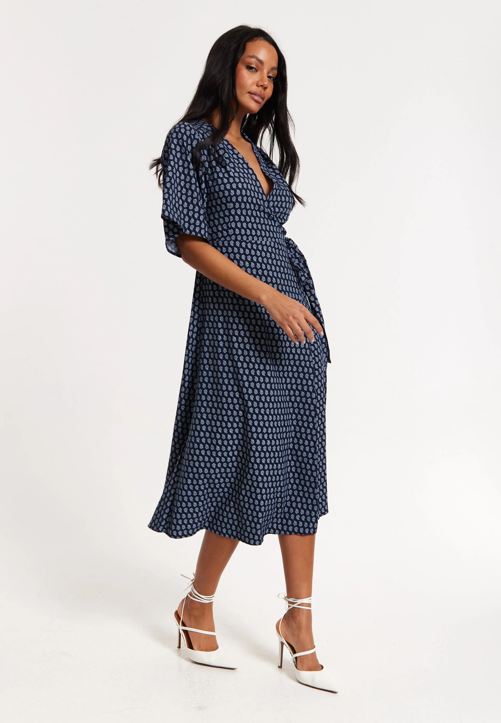 Navy Floral Print Kimono Wrap Maxi Dress