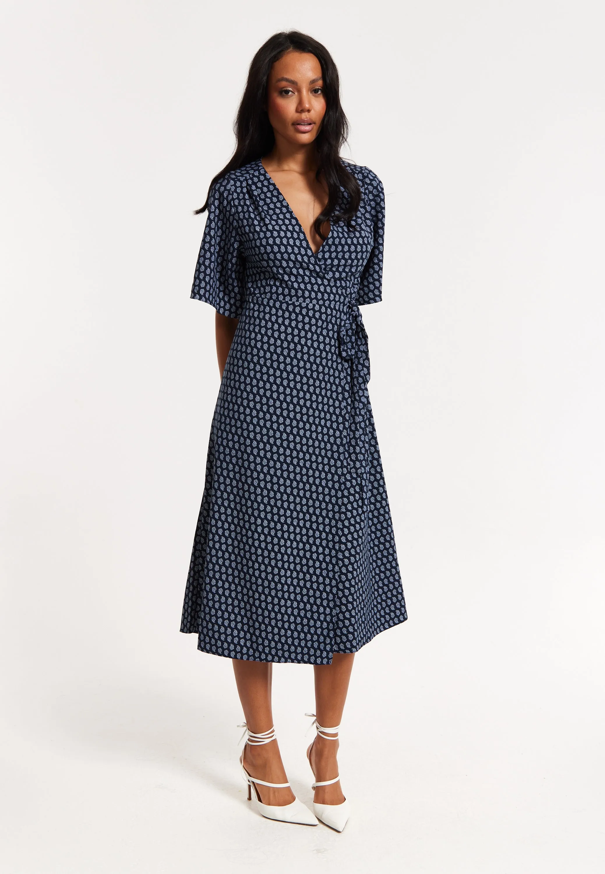 Navy Floral Print Kimono Wrap Maxi Dress