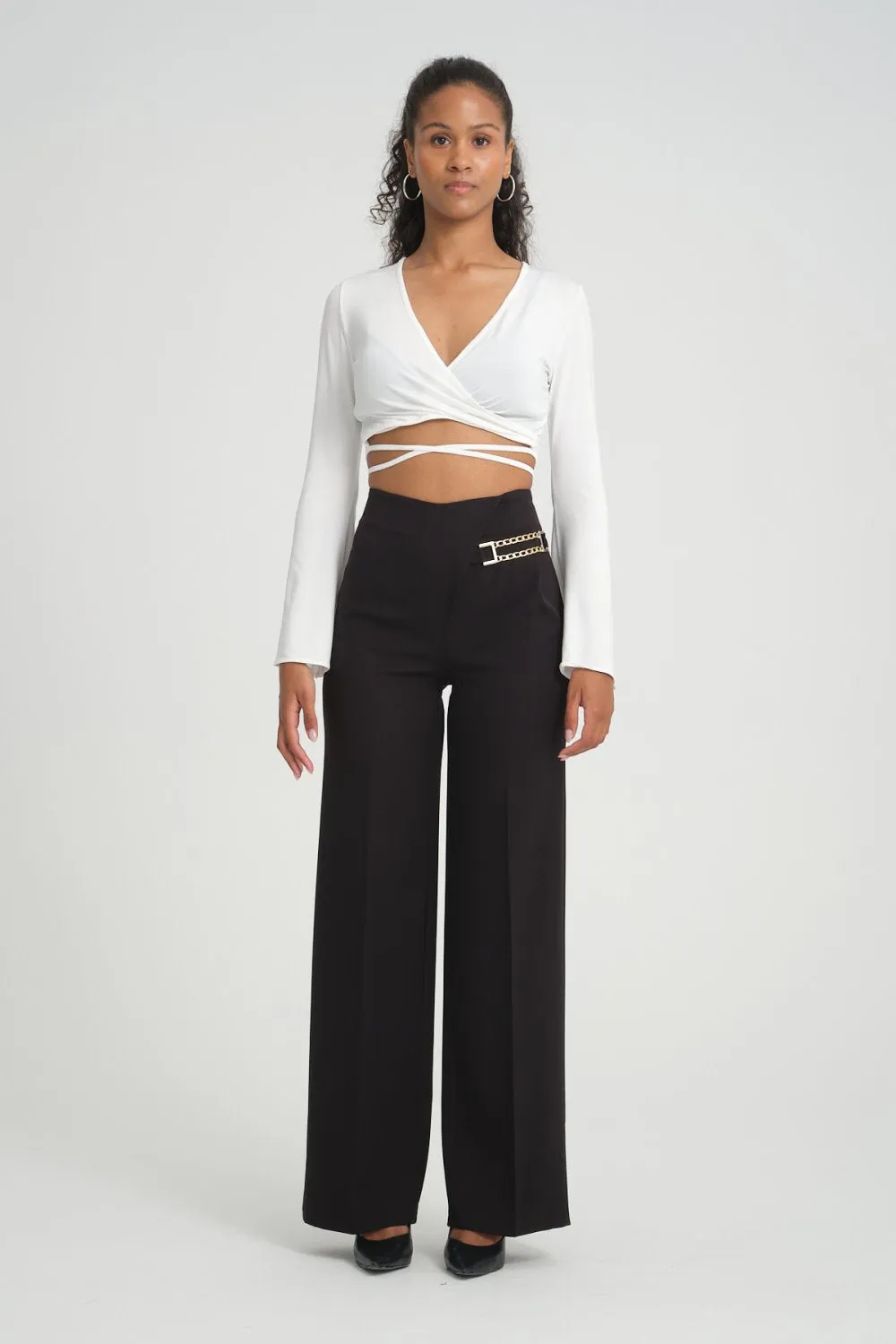 NDL Women Side Chain Wide Leg Pants Black - Fushë Kosovë
