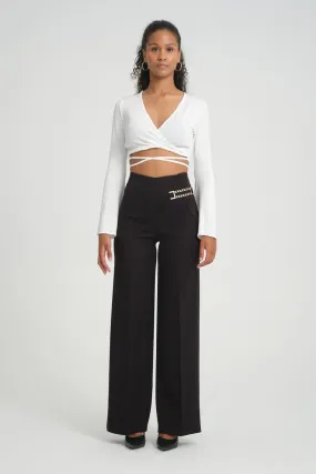 NDL Women Side Chain Wide Leg Pants Black - Fushë Kosovë