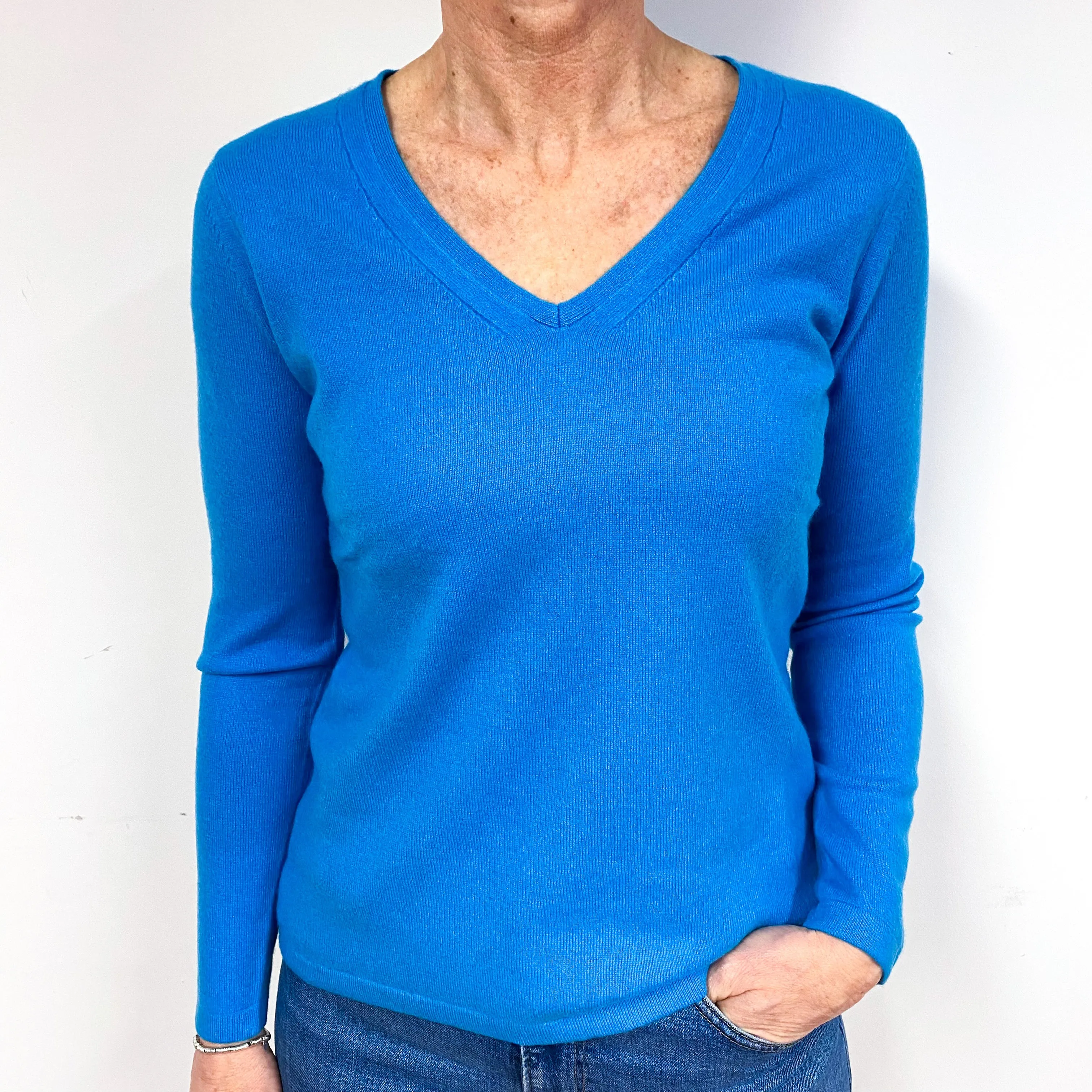 New Ocean Blue Cashmere V-Neck Jumper Medium