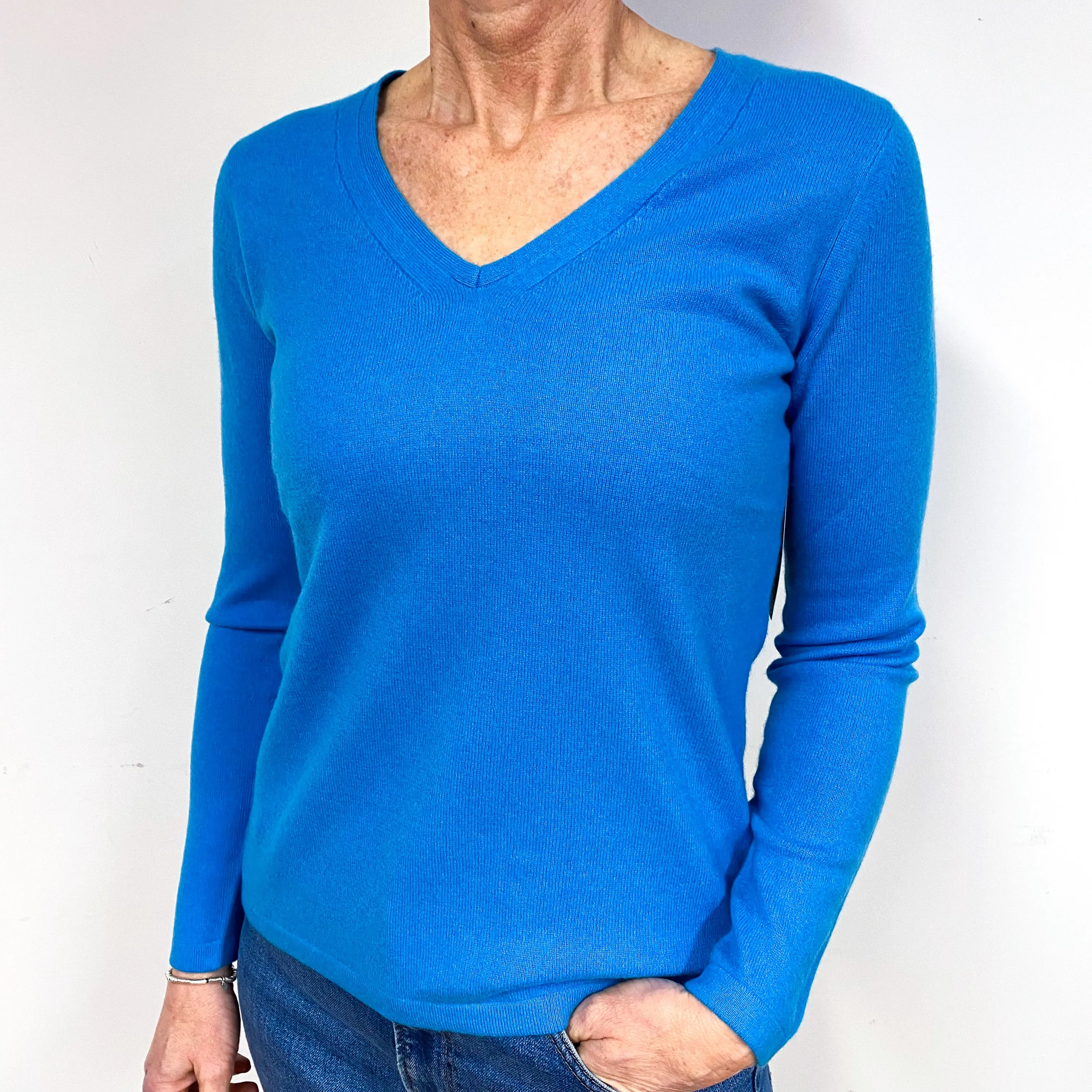 New Ocean Blue Cashmere V-Neck Jumper Medium