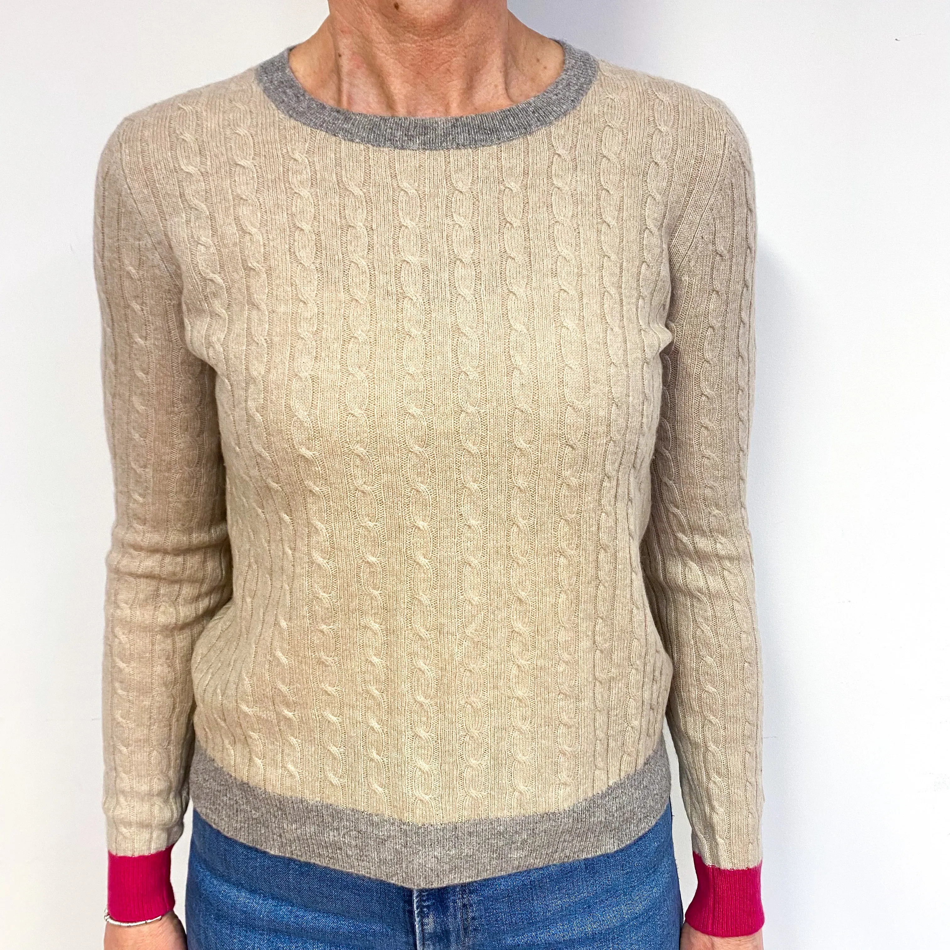 Oatmeal Beige And Grey Cashmere Crew Neck Jumper Medium