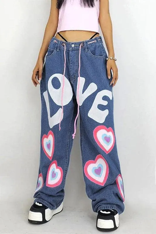 PA013 Heart Graphic Long Jeans