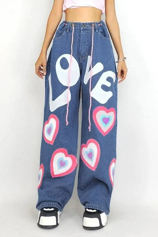 PA013 Heart Graphic Long Jeans