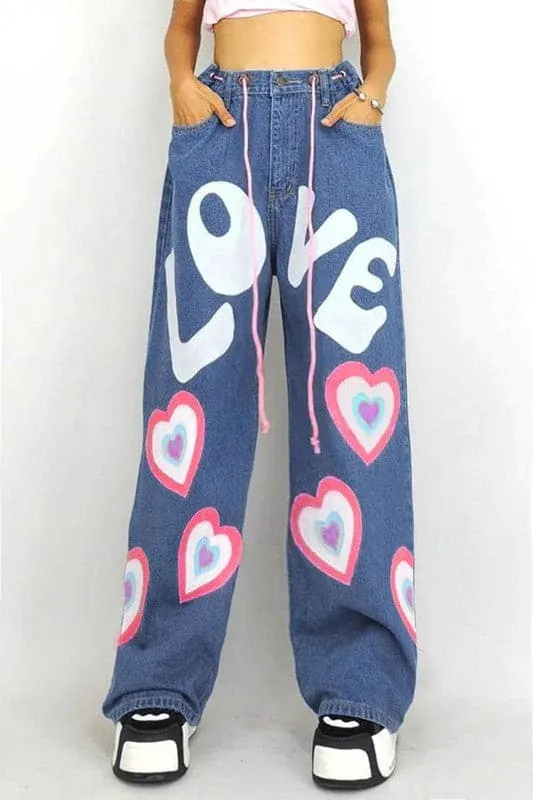 PA013 Heart Graphic Long Jeans