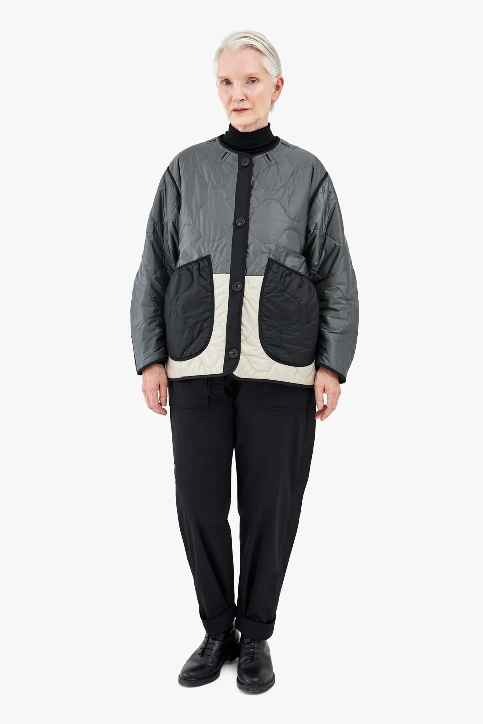 Patchwork Cropped Quilt Jacket - Anthracite & Mineral Green / Dark Olive