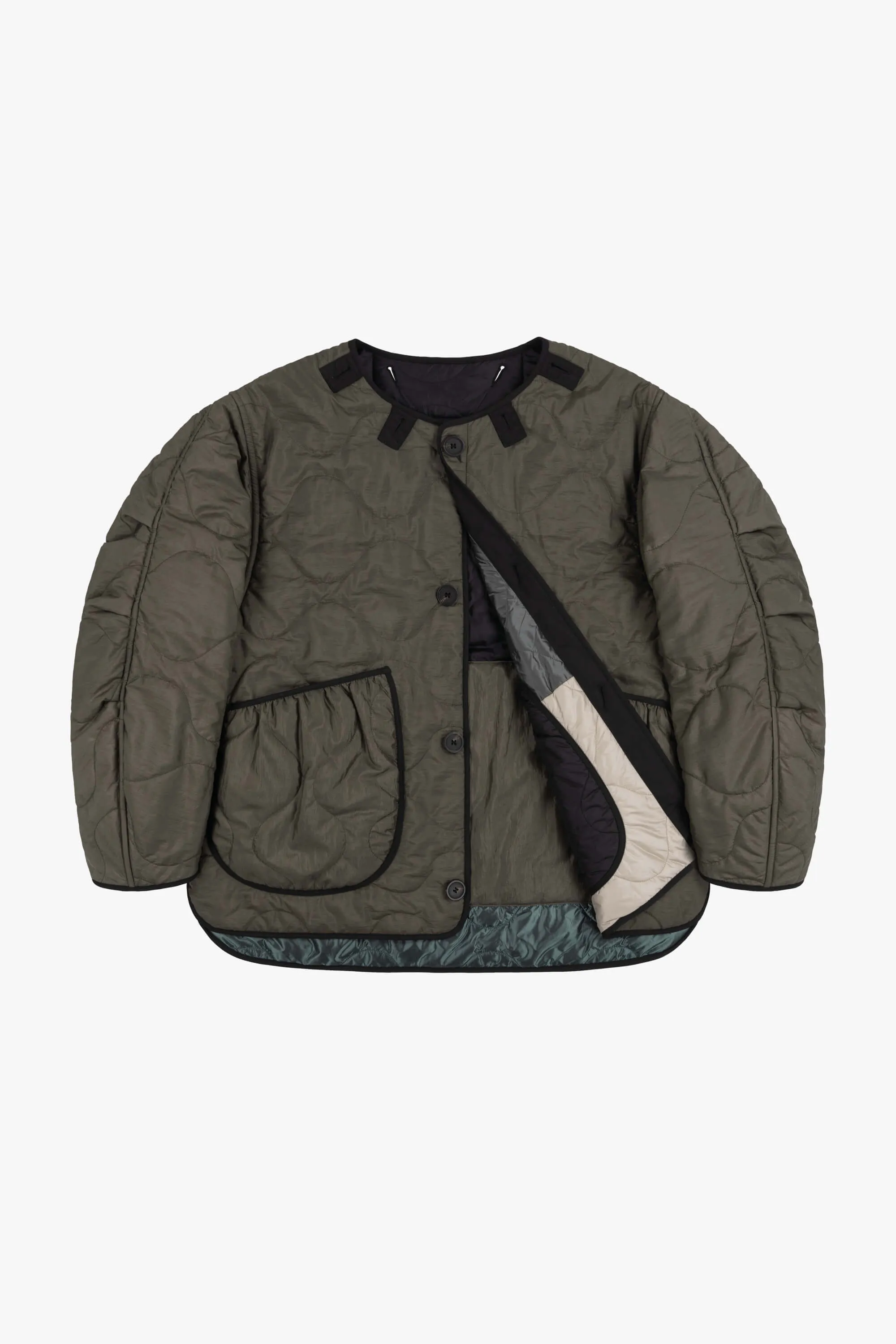 Patchwork Cropped Quilt Jacket - Anthracite & Mineral Green / Dark Olive