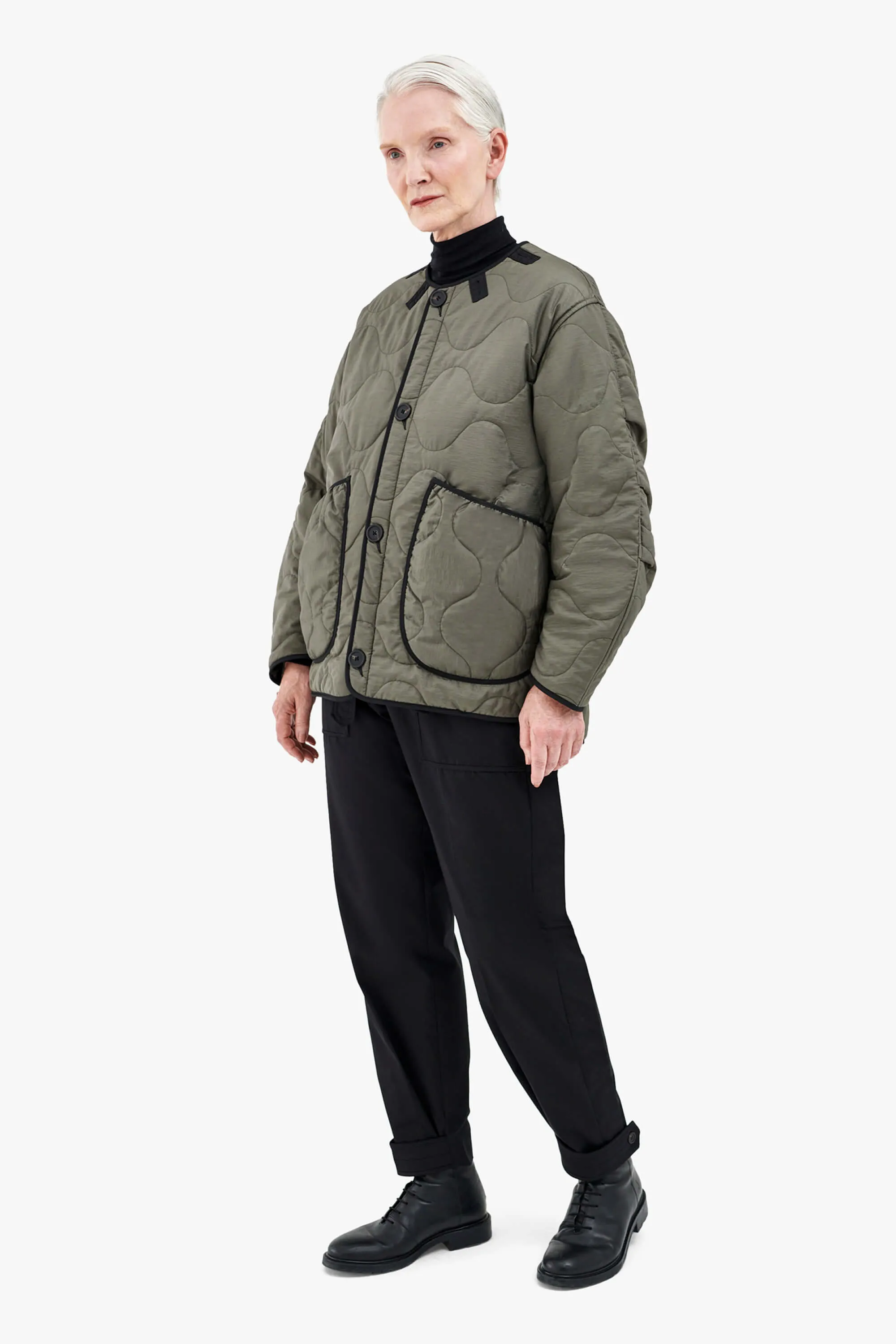 Patchwork Cropped Quilt Jacket - Anthracite & Mineral Green / Dark Olive