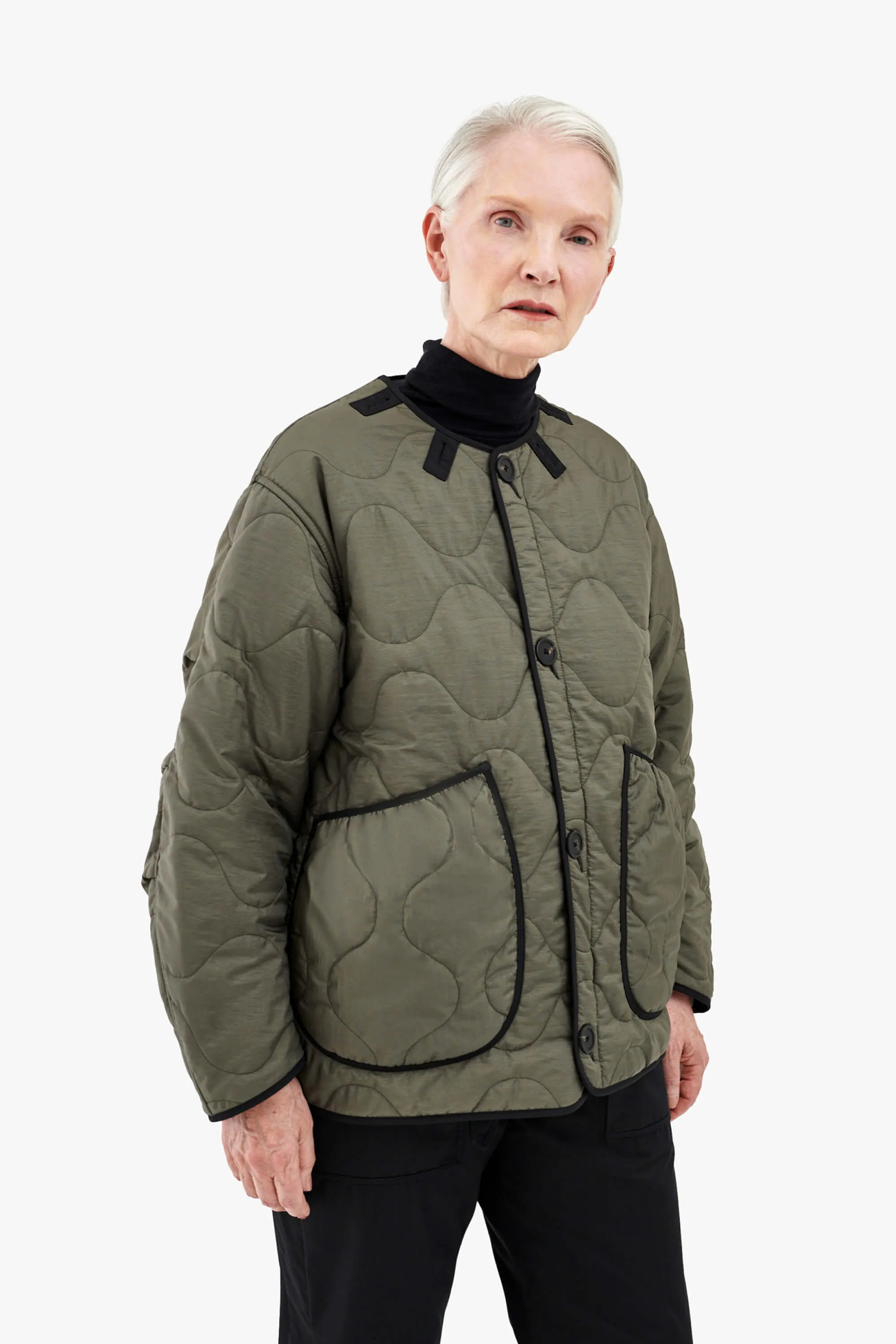 Patchwork Cropped Quilt Jacket - Anthracite & Mineral Green / Dark Olive