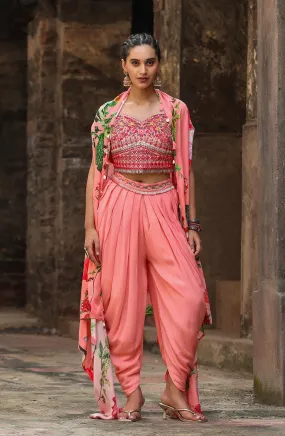Pink Chinon Silk Printed & Embroidered Dhoti Set With Cape