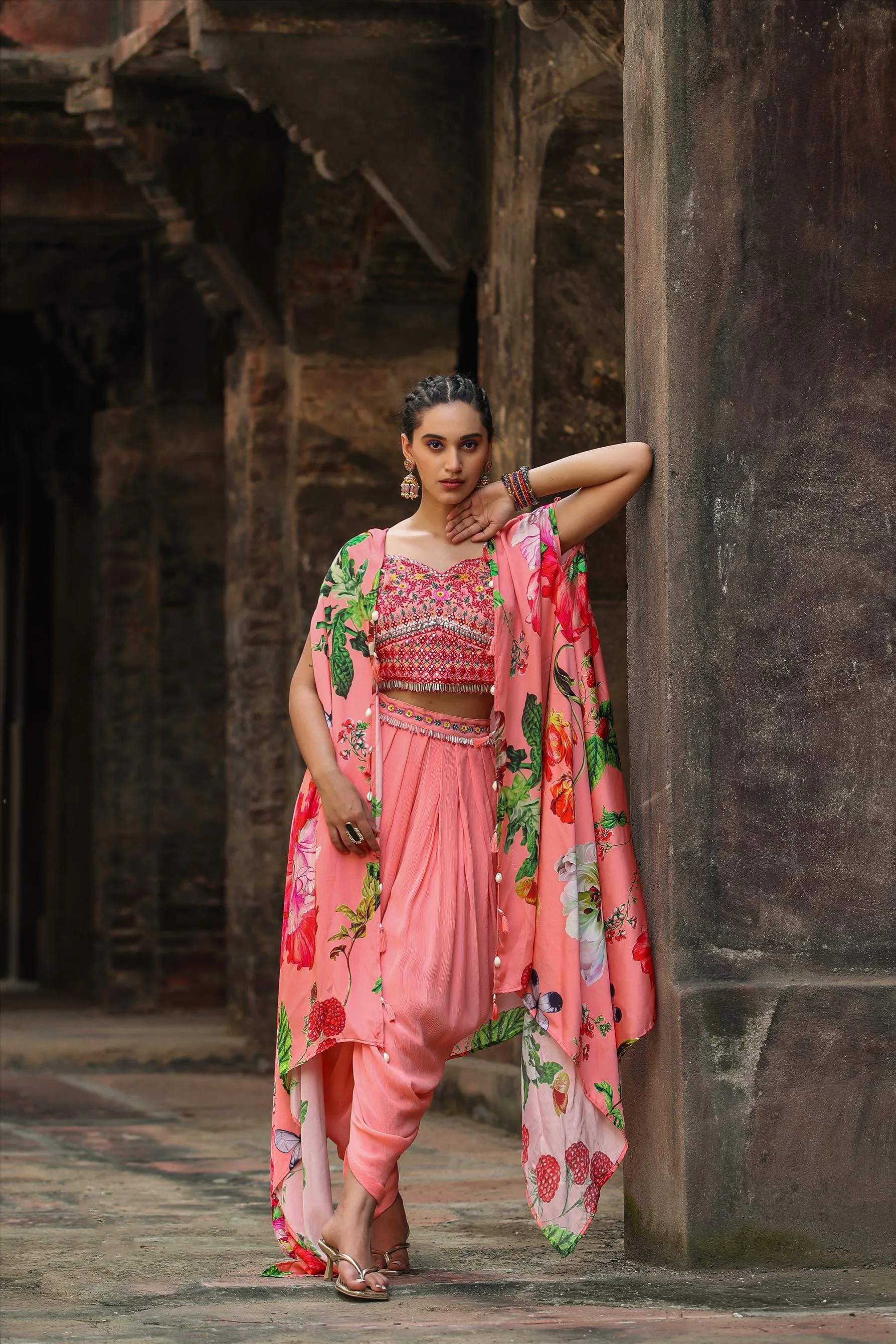 Pink Chinon Silk Printed & Embroidered Dhoti Set With Cape