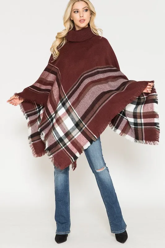 Plaid Turtleneck Poncho with Raw Hem