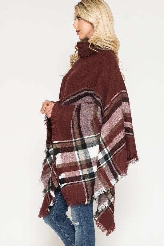 Plaid Turtleneck Poncho with Raw Hem