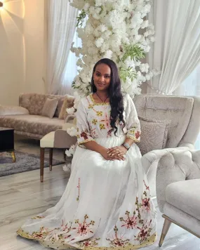Pleasant Pink and Golden Habesha Dress Unique: with Cross Stitched Geometrical Pattern Traditional Ethiopian Dress Fabulous Habesha Kemis