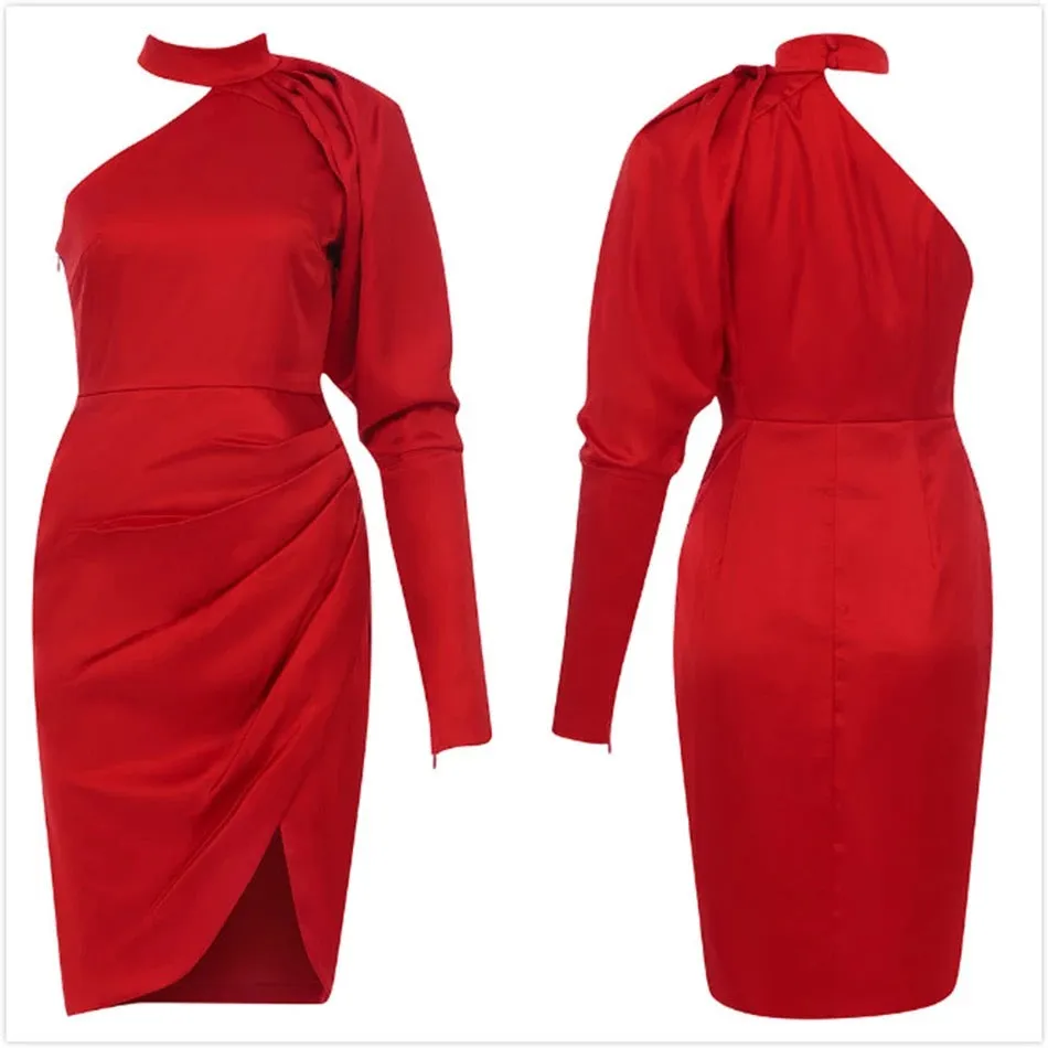 Red One Shoulder Draped Dress