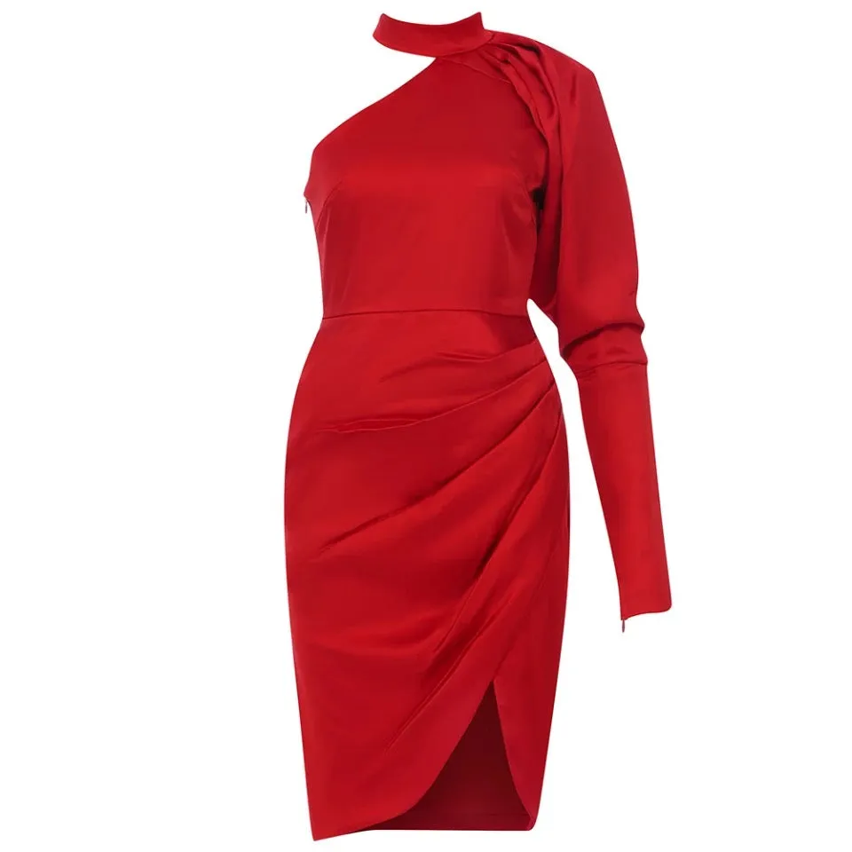 Red One Shoulder Draped Dress