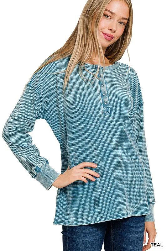 Right This Way Teal Waffle Top