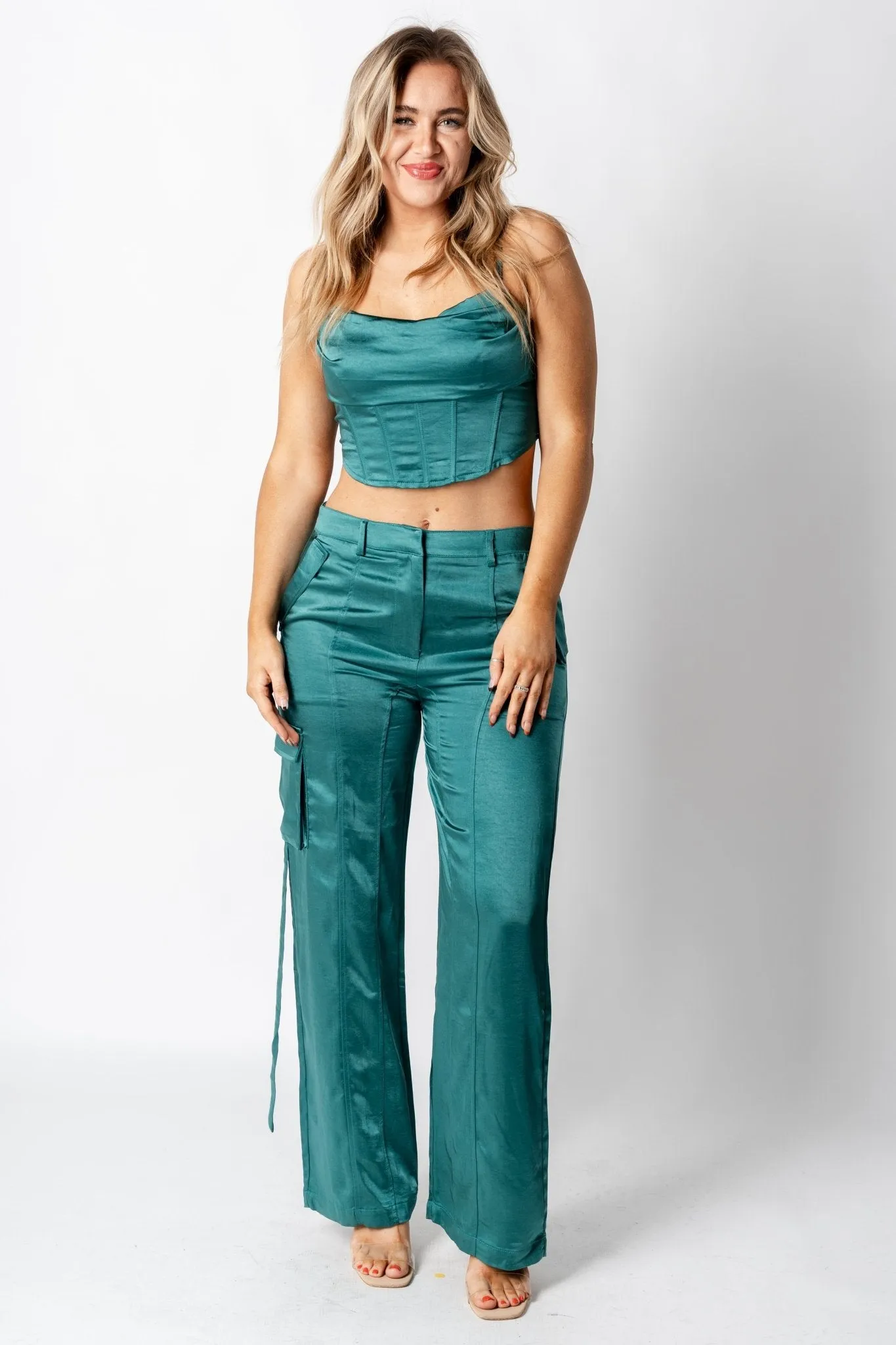 Satin wide leg cargo pants forest green