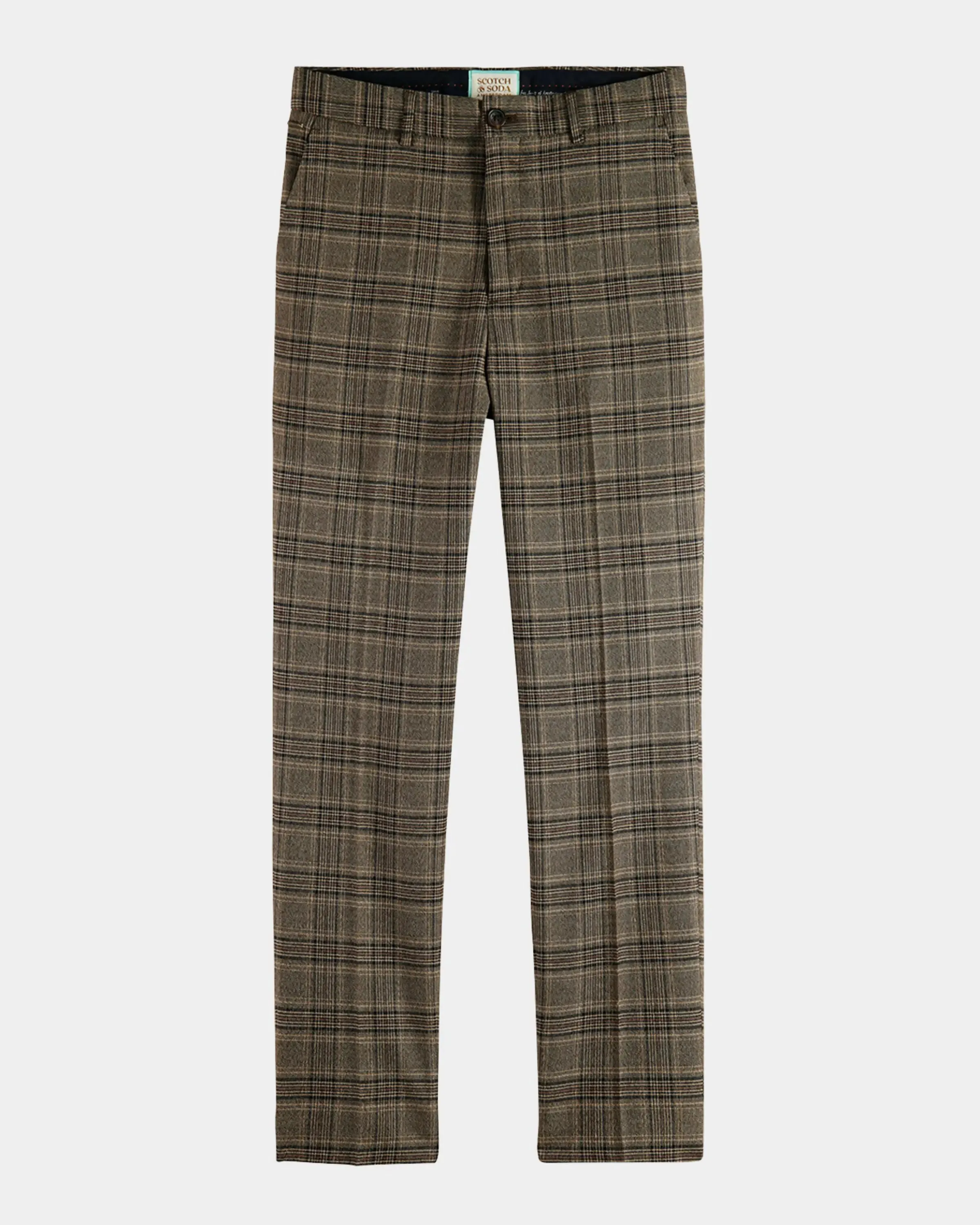 Scotch and Soda Mens Irving Tapered Plaid Chino Pants in Camel Night Check