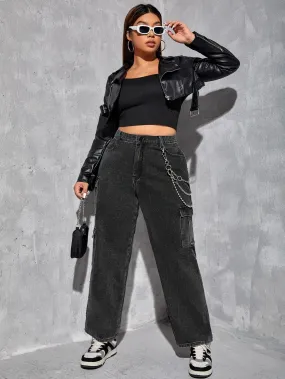 Side Flap Pocket High Waist Cargo Jeans
