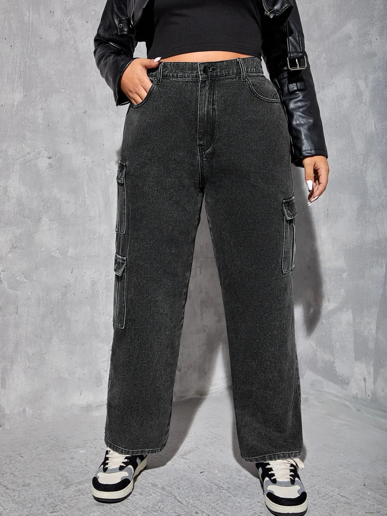 Side Flap Pocket High Waist Cargo Jeans
