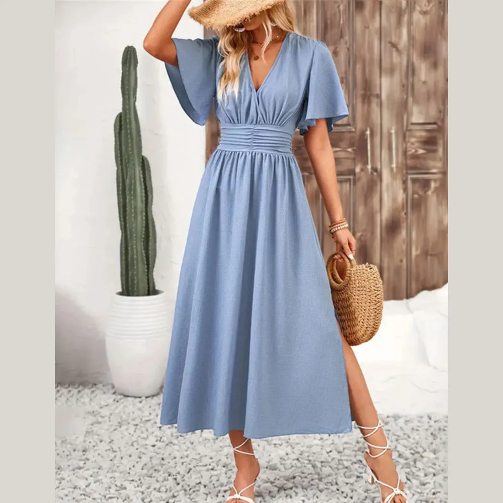 Side Slit Surplice Flutter Sleeve Midi Dress