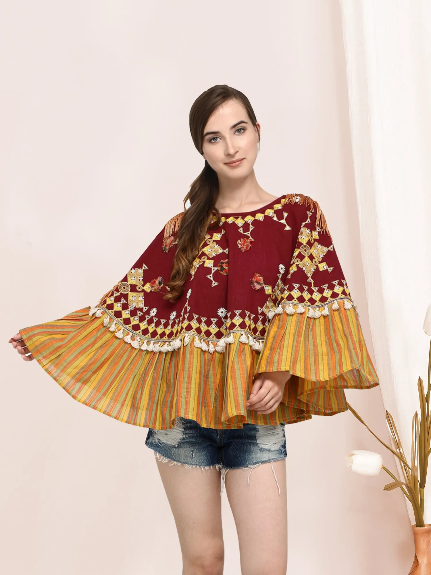 Snowflake Stripe Frilled Poncho