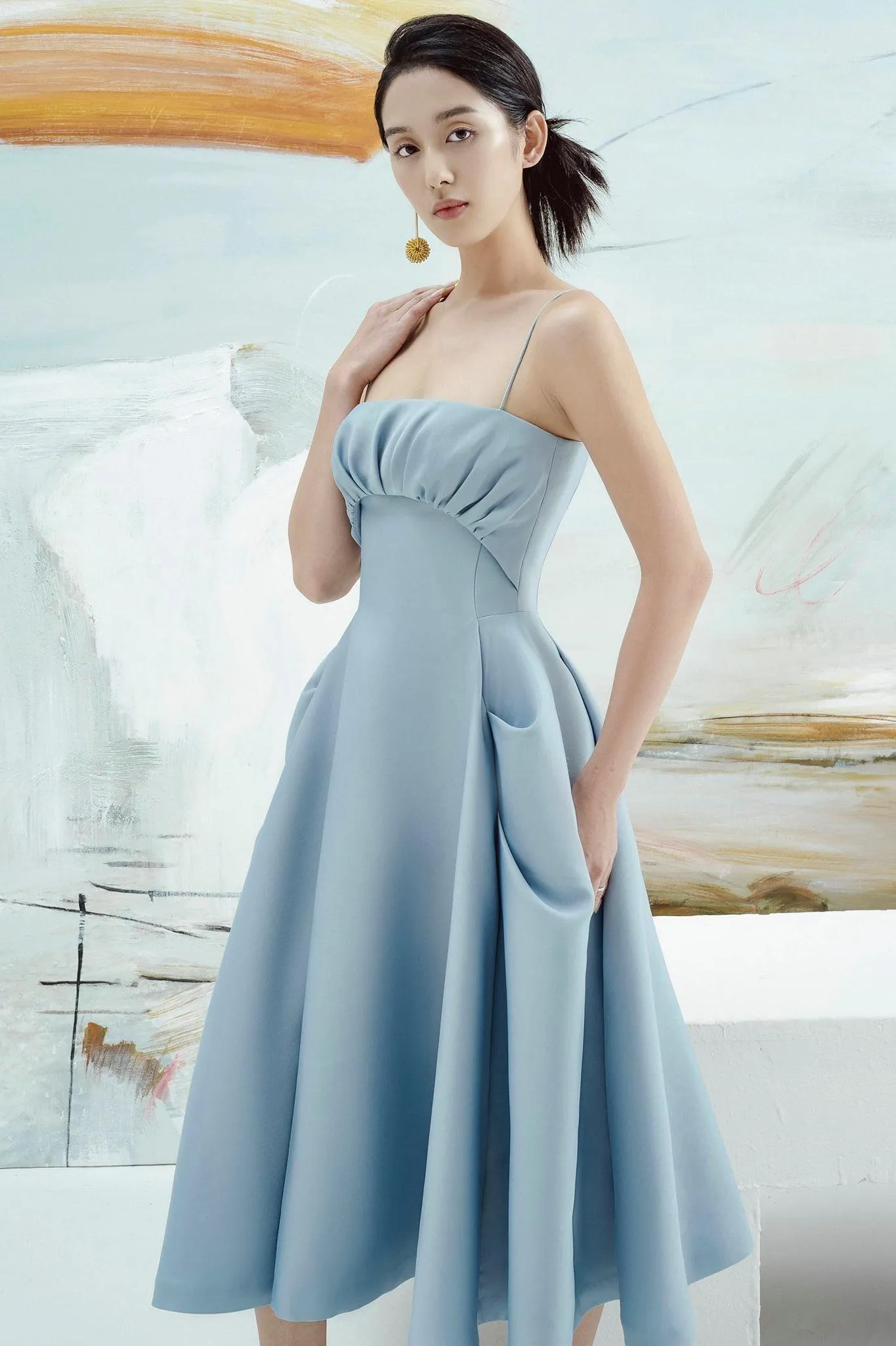 Spaghetti strap pleated bustier pleated pocket cocktail midi dress - Vivian dress