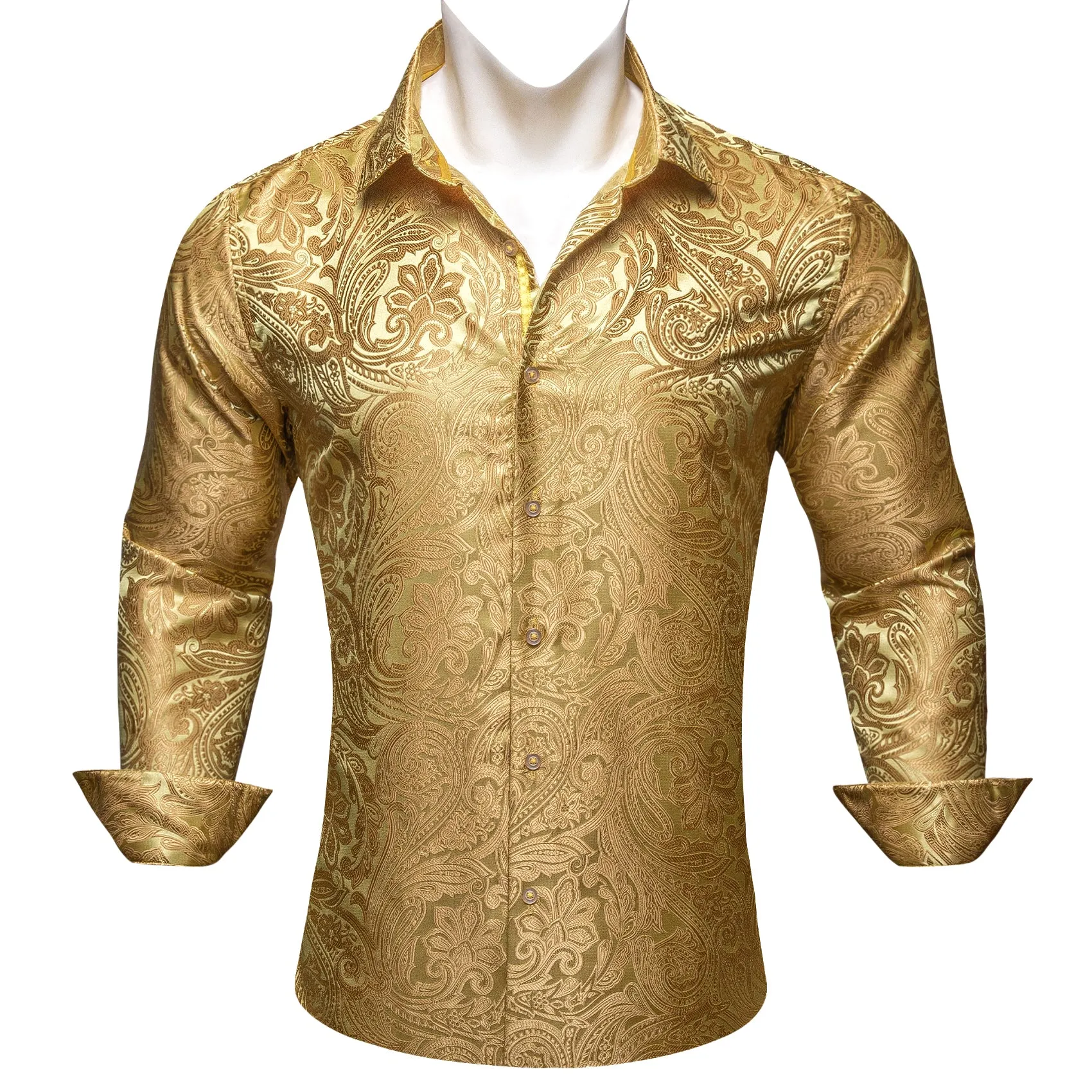 Ties2you Men's Long Sleeve Shirt Granola Yellow Paisley Flower Pattern Silk Shirt