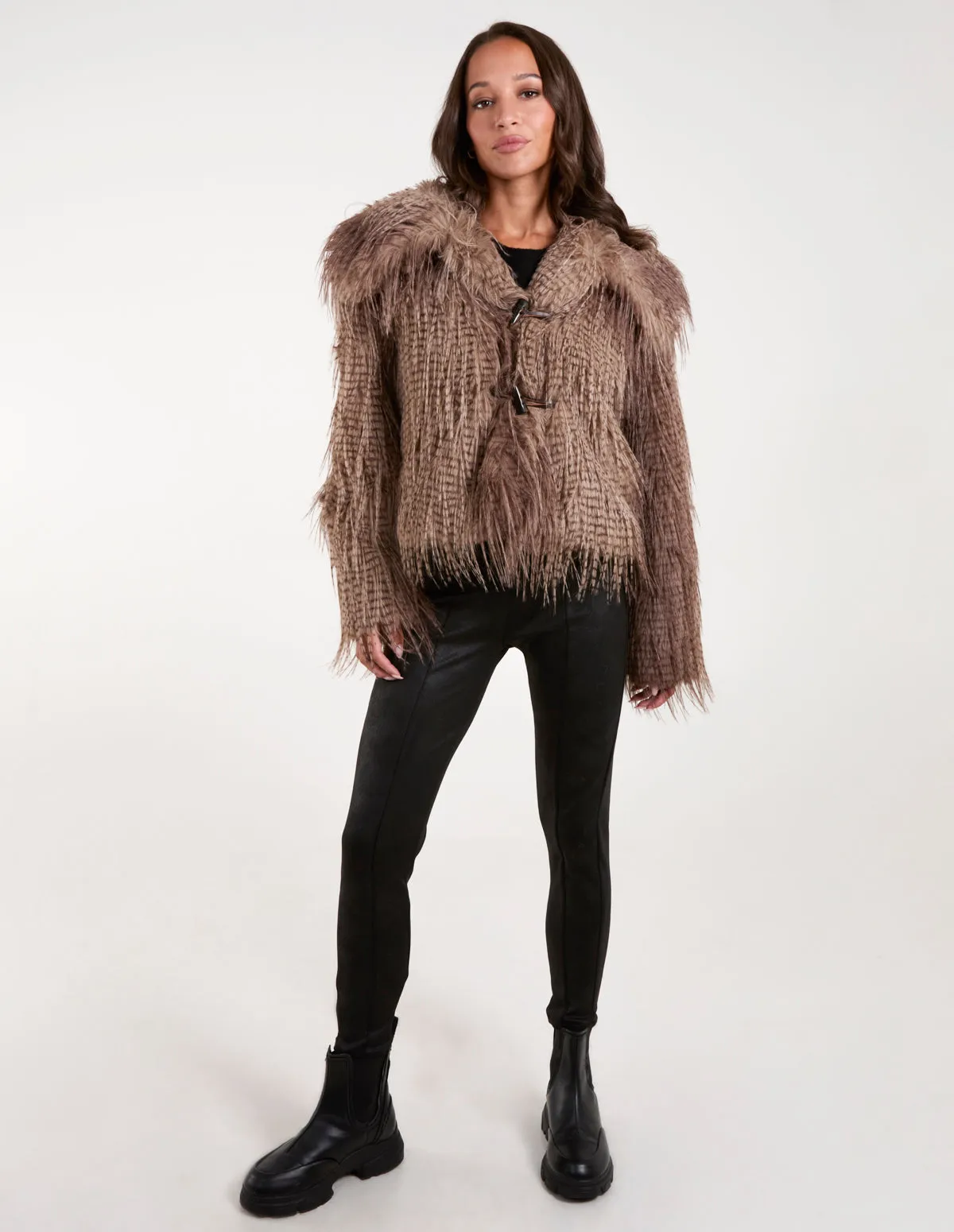 Toggle Detail Faux Fur Coat