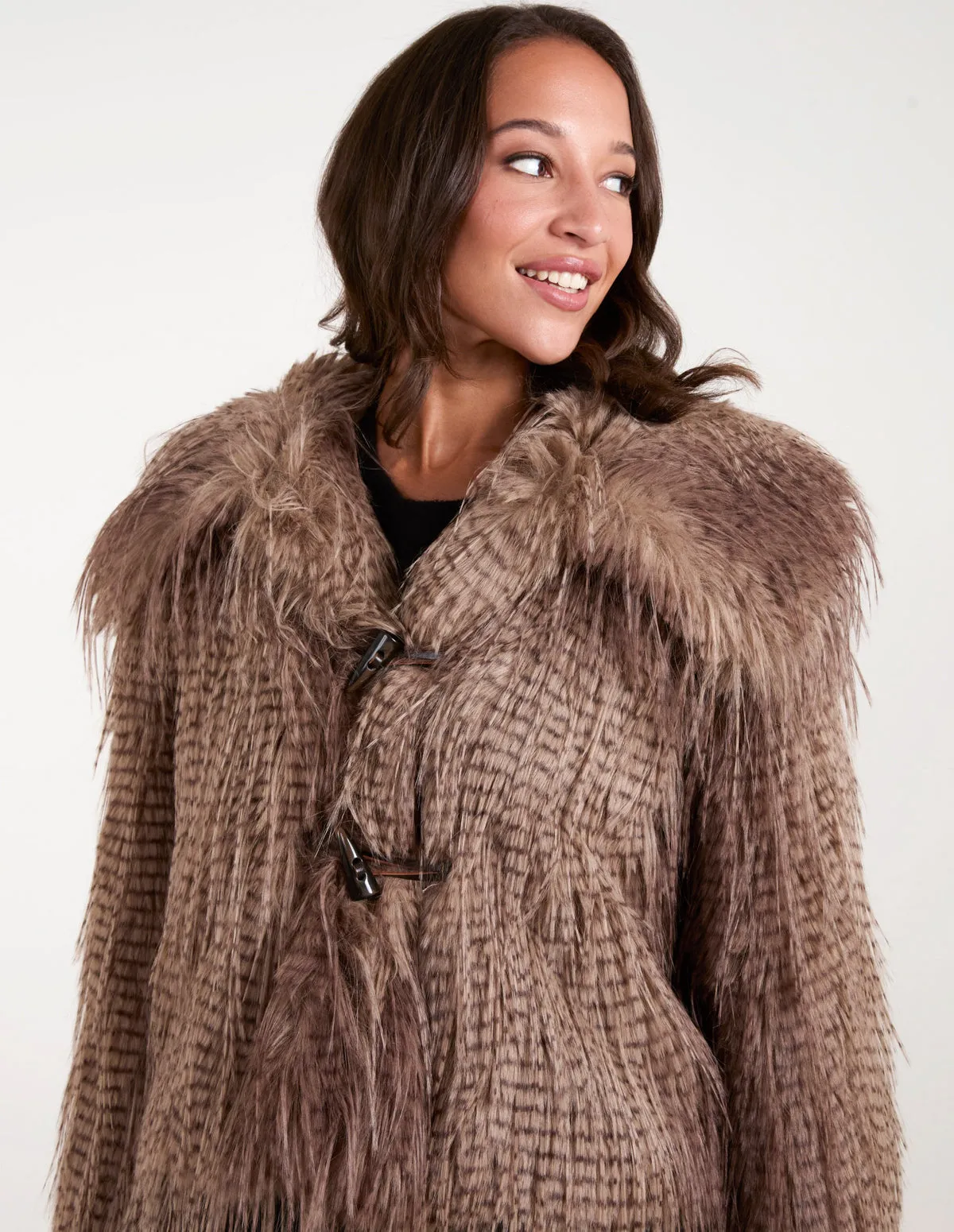 Toggle Detail Faux Fur Coat