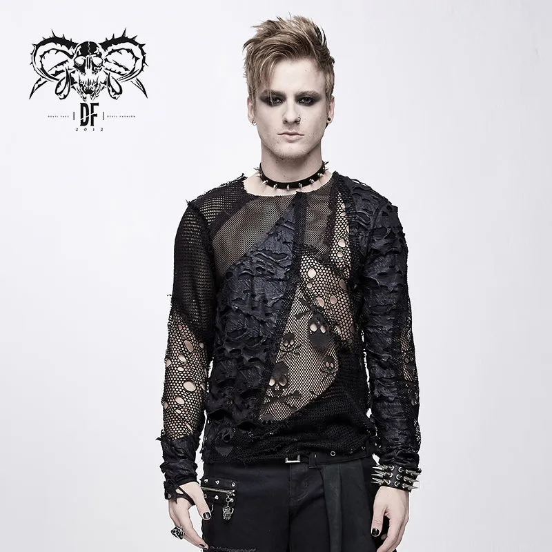TT125 decadent unedged classic style spliced mesh round collar long sleeve torn men shirts