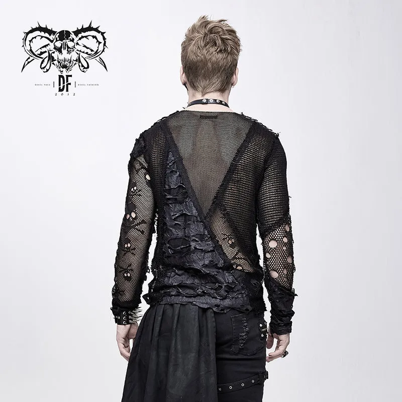 TT125 decadent unedged classic style spliced mesh round collar long sleeve torn men shirts