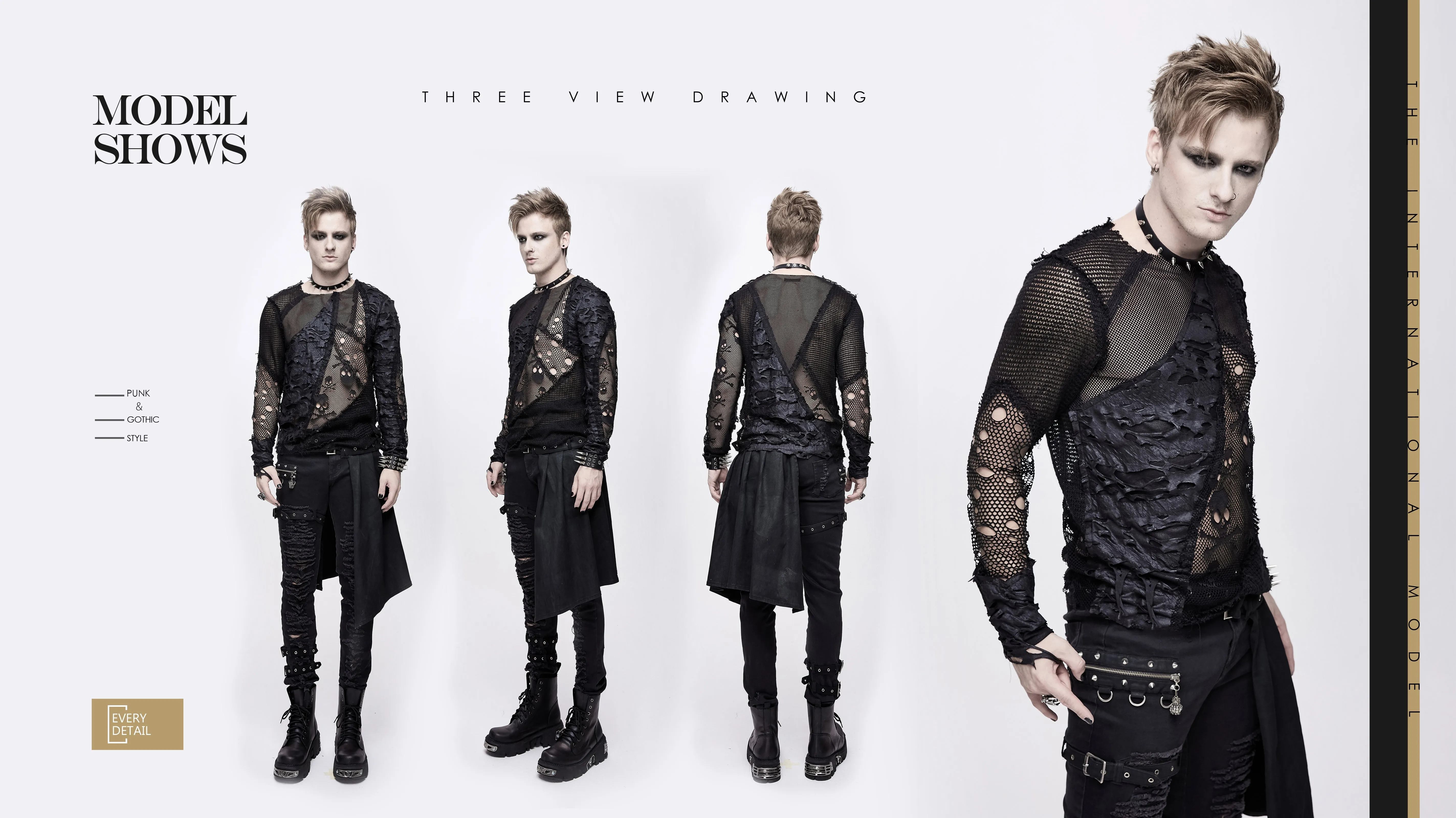 TT125 decadent unedged classic style spliced mesh round collar long sleeve torn men shirts
