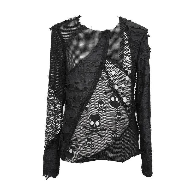 TT125 decadent unedged classic style spliced mesh round collar long sleeve torn men shirts