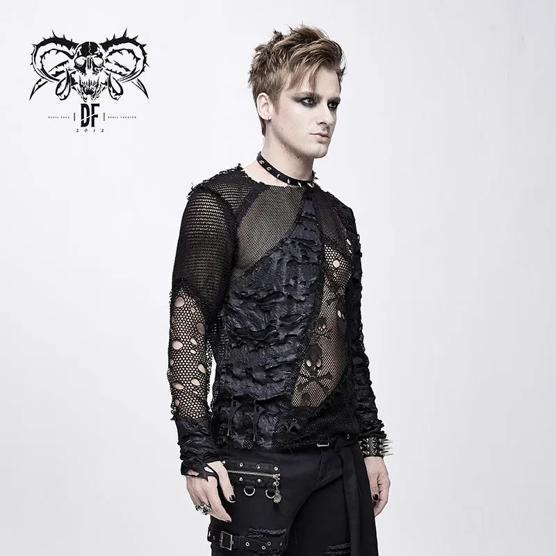 TT125 decadent unedged classic style spliced mesh round collar long sleeve torn men shirts