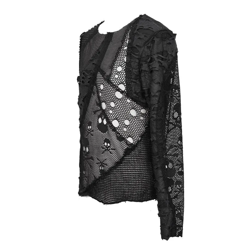 TT125 decadent unedged classic style spliced mesh round collar long sleeve torn men shirts