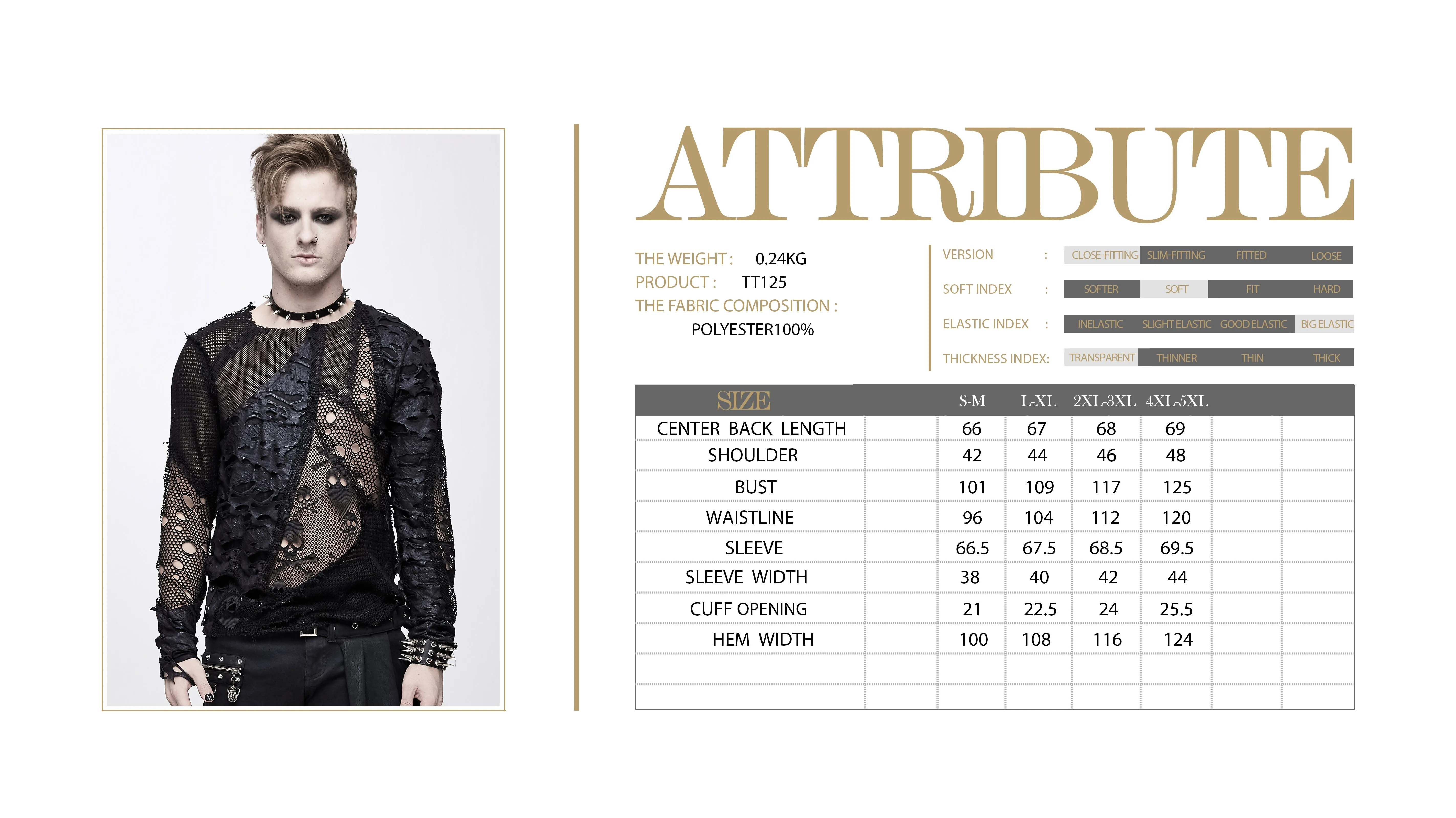TT125 decadent unedged classic style spliced mesh round collar long sleeve torn men shirts