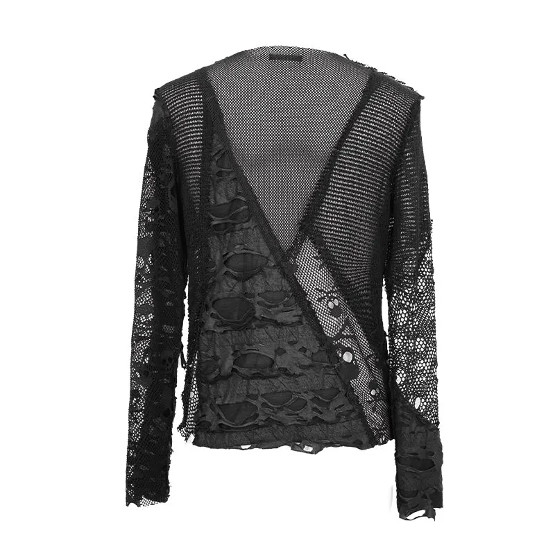 TT125 decadent unedged classic style spliced mesh round collar long sleeve torn men shirts